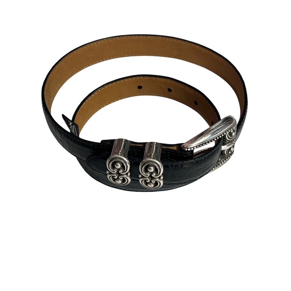 Brighton Vintage Western Black Croc Embossed Leather Belt Silver Buckle Small